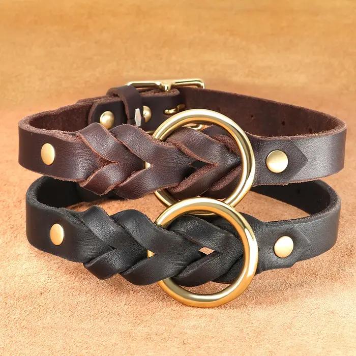 Ensemble de colliers de chien en cuir véritable tressé
