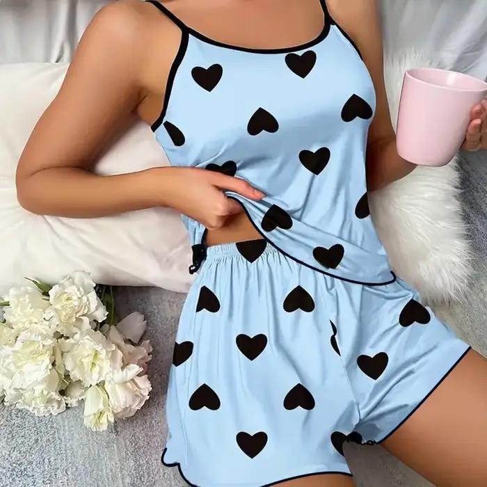 Ensemble pyjama pour femmes, T-Shirts et shorts, T-Shirt rose imprimé en forme de cœur, col rond, haut en soie glacée, confortable et décontracté, été 