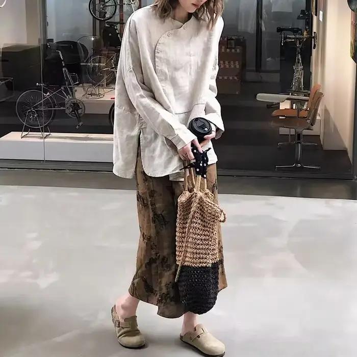 Chemise en lin style chinois motif crâne asymétrique pour femmes occassions décontractées printemps