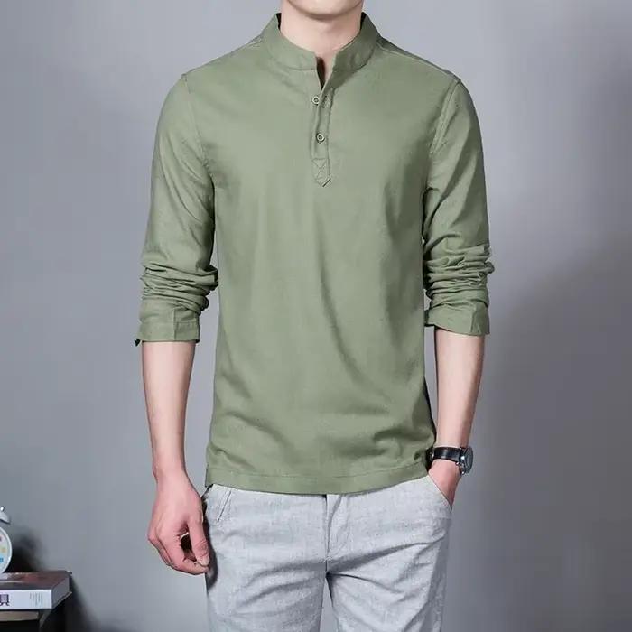 T-shirt en lin décontracté homme col mandarin respirant pour printemps été décontracté ocassions diverses