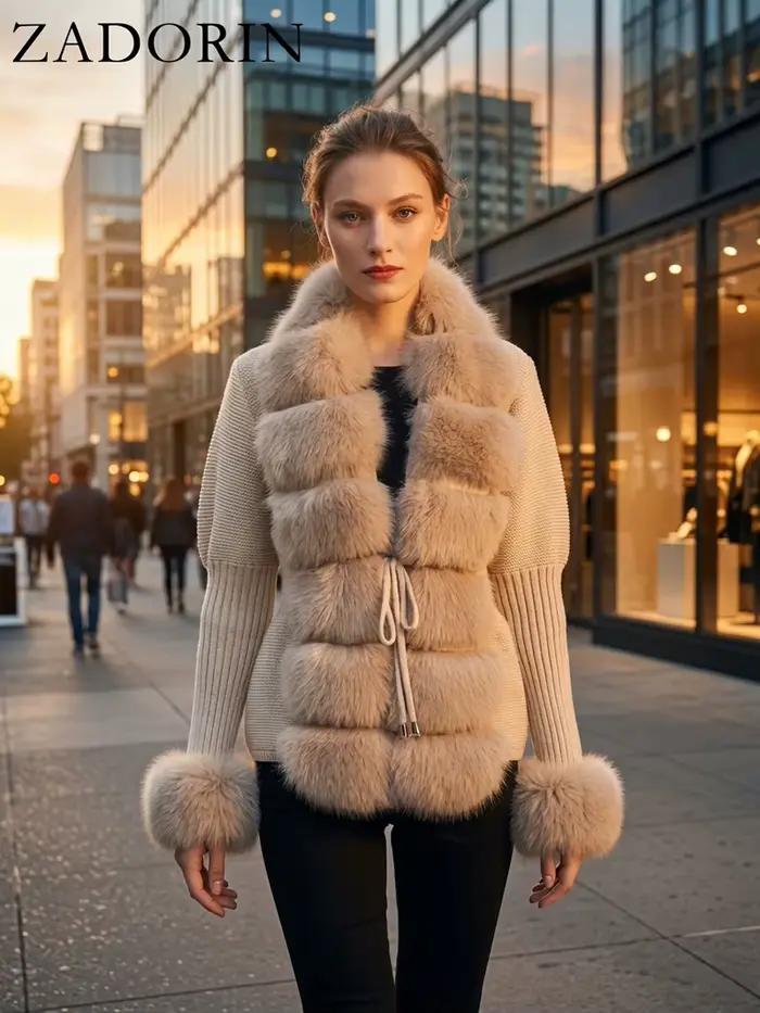 ZADORIN automne hiver femmes fausse fourrure manteau de luxe tricoté pull