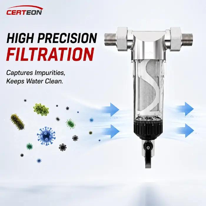 Préfiltre à Eau Domestique avec Rétrolavage Acier Inoxydable 304 40μm 4000L/h Filtre pour Tuyauterie 1/2'' 3/4'' 1'' Système de Purification d’Eau pour Toute la Maison
