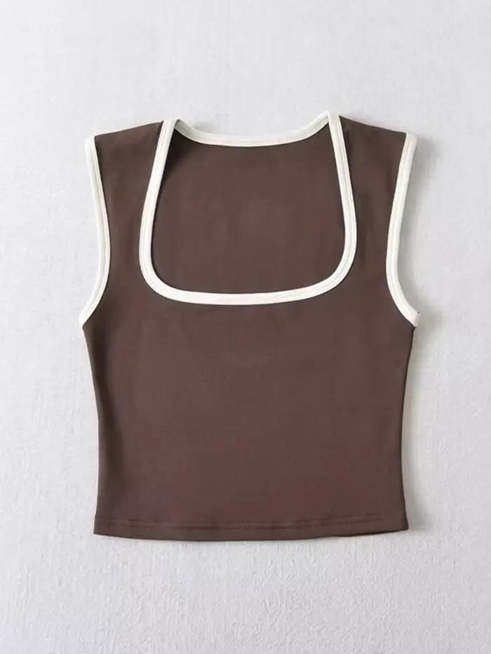 Débardeur sans manches pour femme, Slim, couleur contrastée, décontracté, col carré, haut court, vêt