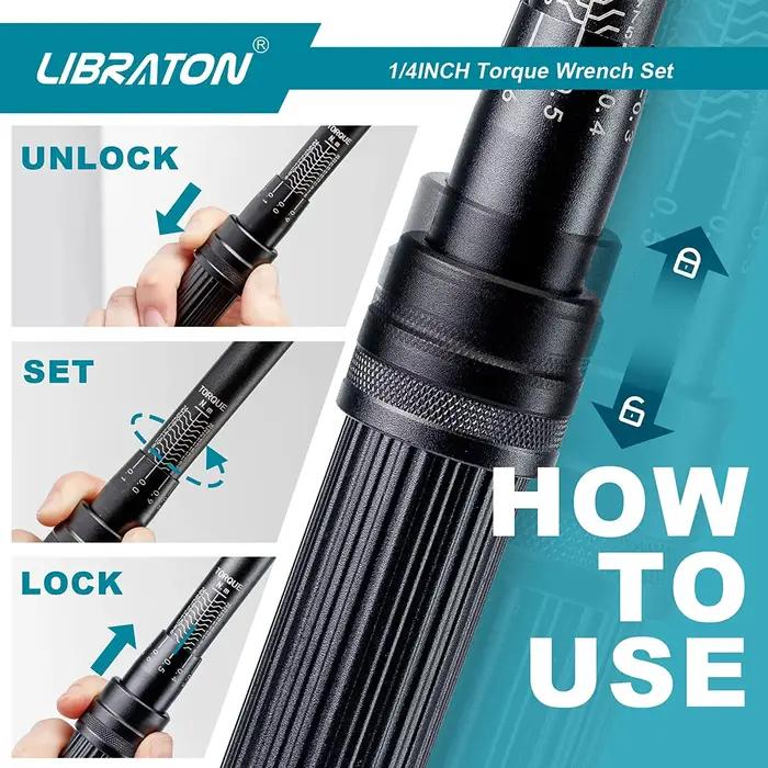 Libraton Clé dynamométrique pour vélo 1/4'', 5-25Nm, 0,1Nm Micro, jeu de clés dynamométriques à clic