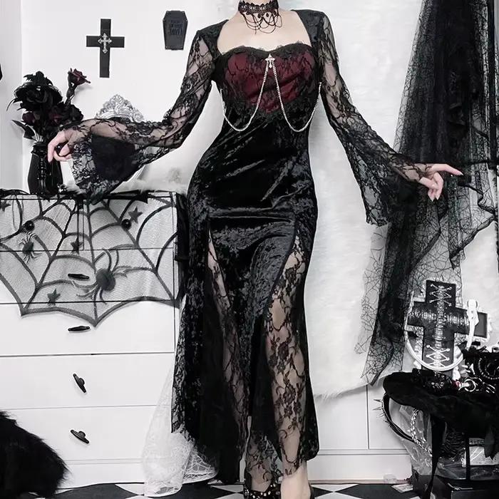 Robe gothique élégante en velours et dentelle patchwork pour femmes, idéale pour soirées gothiques et streetwear