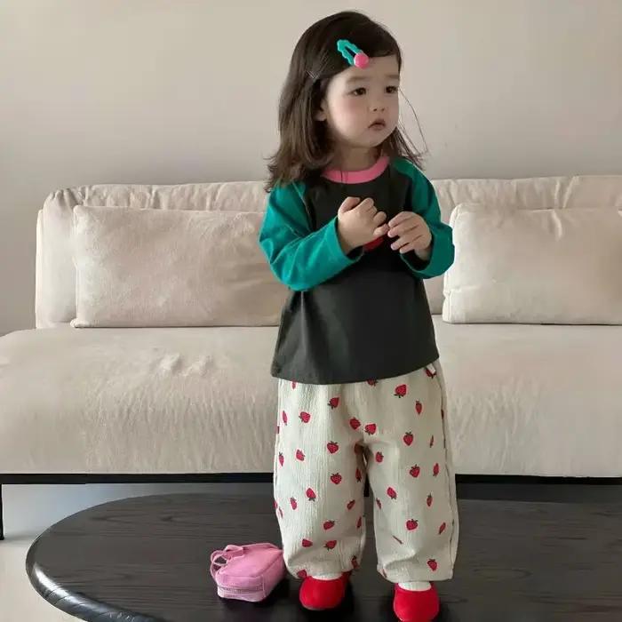 Pantalon d'automne pour fille, imprimé fraise, taille élastique, abricot, Long, décontracté, pour en
