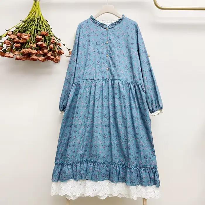 JohmobJapanese-Robe vintage en coton et lin pour femme, imprimé patchwork, en dentelle, avec poches,