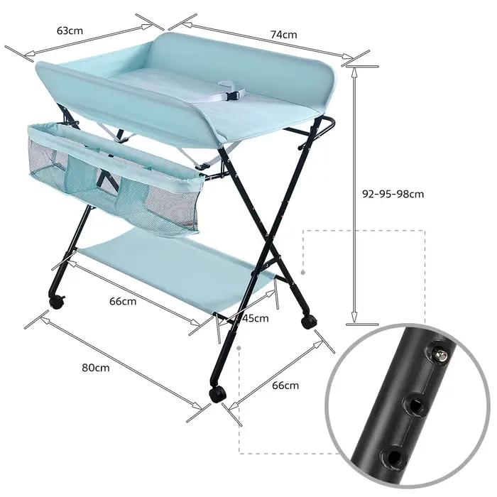 Table à Langer Pliable, Plan à Langer avec Panier Latéral et Roulettes Verrouillables, Meuble pour B