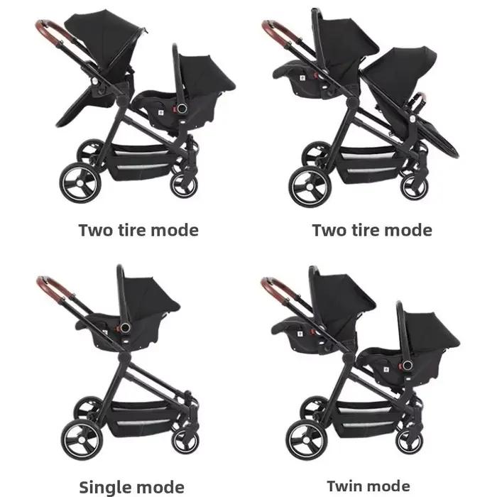 Poussette double neuve avec 2 sièges auto, poussette double multifonctionnelle légère et portable 3