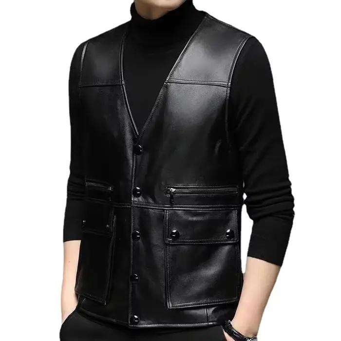 Gilet de moto en cuir véritable pour hommes, veste sans manches de motard, gilet pare-balles, gilet