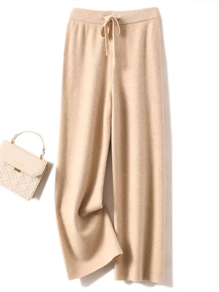 Pantalon basique doux et décontracté pour femme, avec ceinture, tricot 100% laine mérinos, populaire