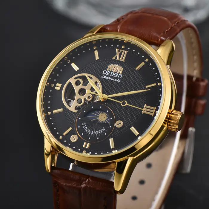 Montre automatique ORIENT homme phase lune squelette cadran or boîtier bracelet cuir noir mécanique