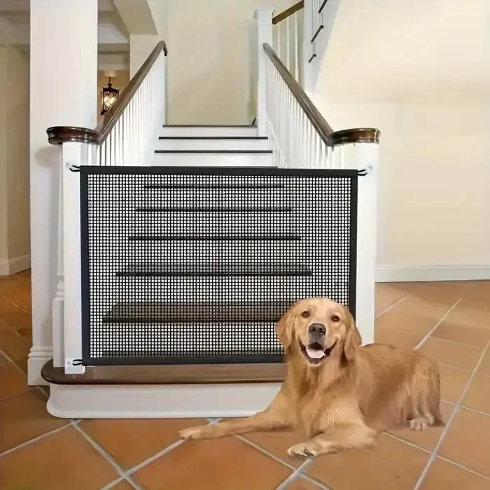 Barrière de sécurité robuste pour chiens avec crochets et filet isolant, pliable, maille respirante, porte miroir, portillon de sécurité pour animaux de compagnie pour intérieur et extérieur