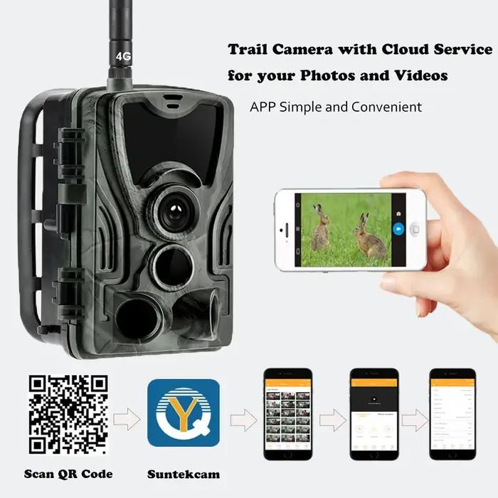 Caméra de chasse 4G avec service cloud gratuit, diffusion en direct 4K, surveillance de la faune, caméras cellulaires sans fil HC801PRO 120MP