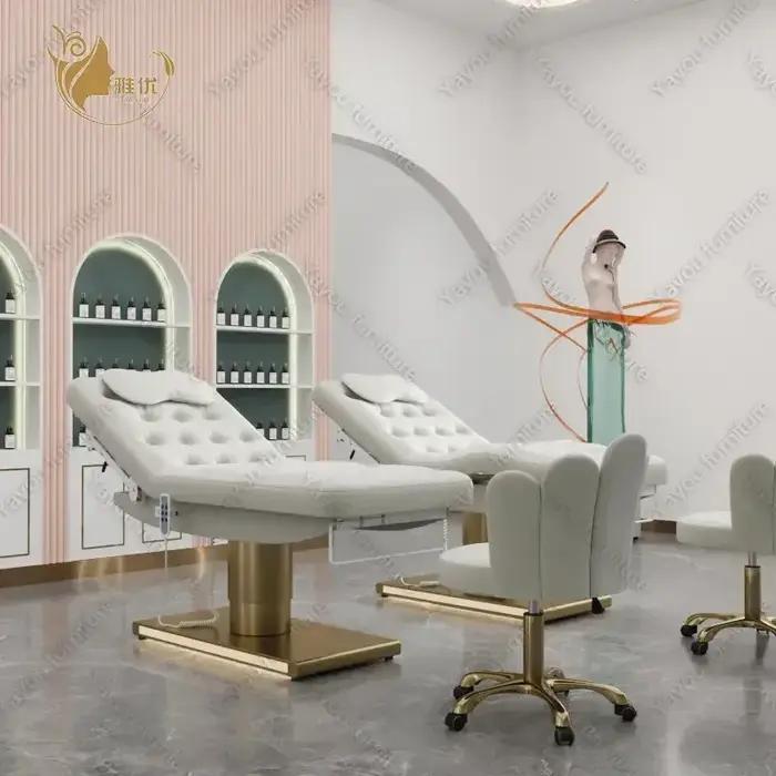 Lit de beauté électrique à 3 moteurs avec Base cylindrique dorée, éclairage LED pour Salon, Spa, cha
