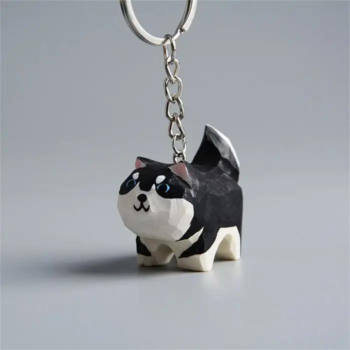 Porte-clés en bois sculpté Akita Husky Kawaii Pendentif Animal Sculpté Main Unisexue Adulte Occasions Spéciales