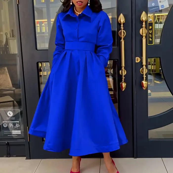 Vêtements pour femmes, nouvel article froissé, couleur unie, revers, manches longues, Robe trapèze, à la mode, Robe de soirée, Club, automne 2024