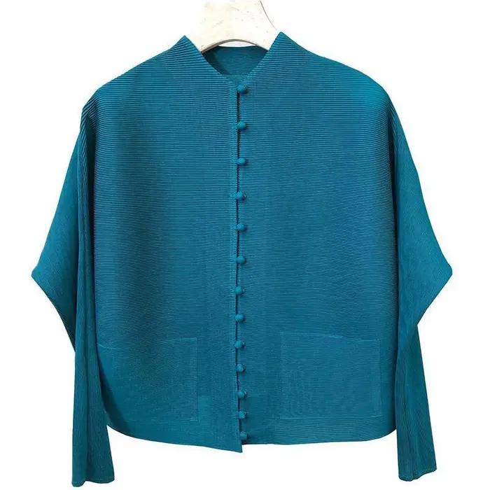 T-shirt femme ample et plissé, col rond, design de poche boutonnée, couleur élégante pour toutes les occasions
