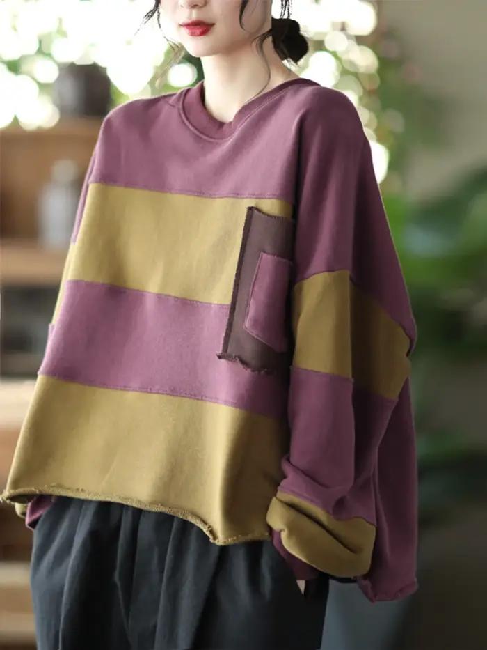 Amax luluE femmes loisirs amples col rond conception sweats à capuche printemps Style britannique Vintage Patchwork swea