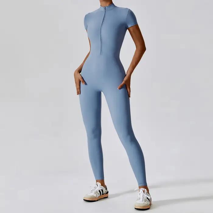 Ensemble de Yoga, combinaisons une pièce pour femmes, fermeture éclair, manches courtes, vêtements d