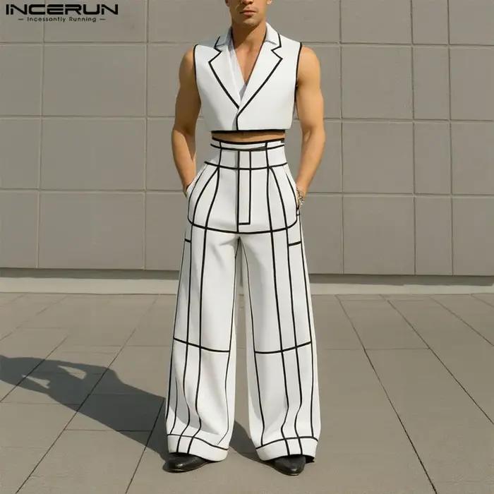 INCERUN hommes ensembles Patchwork revers sans manches gilets courts et pantalons à jambes larges de