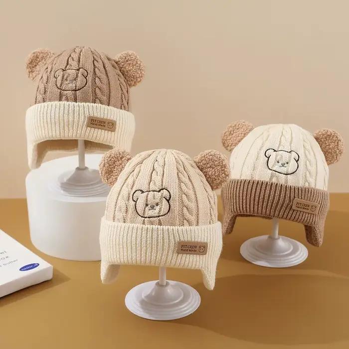 Chapeau de bébé ours mignon, Protection des oreilles, pour enfants, hiver, épais, chaud, tricoté, Ve