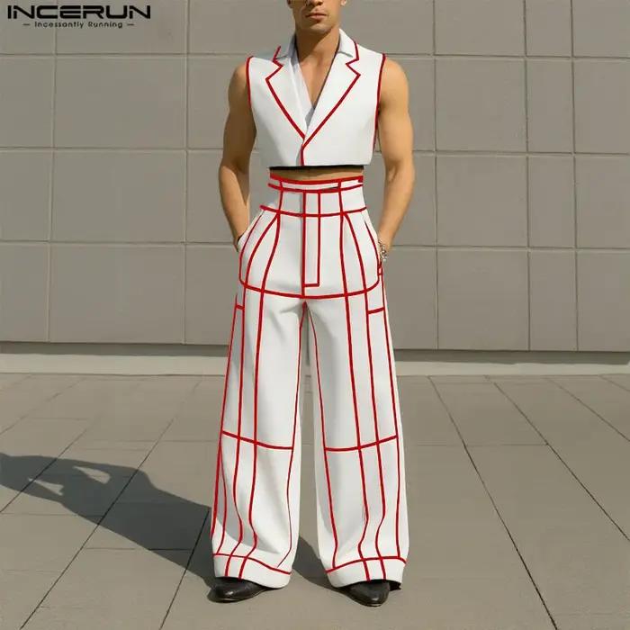 INCERUN hommes ensembles Patchwork revers sans manches gilets courts et pantalons à jambes larges de