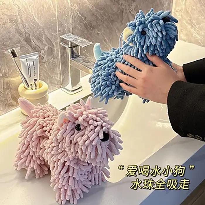 Serviette à main en chenille en forme de chien de dessin animé mignon, serviette absorbante suspendue pour la cuisine et la salle de bain