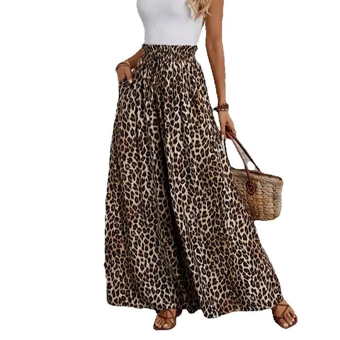 Pantalon à jambes larges imprimé léopard pour femmes taille haute confortable toutes saisons