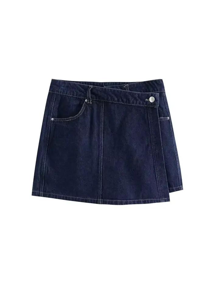 2025 mode femme poche à rabat décoration col rabattu court coupe ajustée haut en jean + jupe en jean