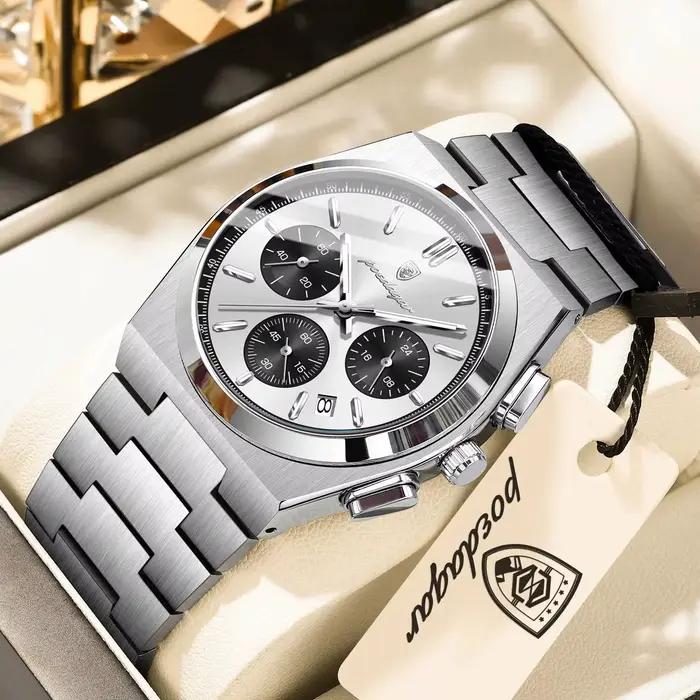 Montre homme chronographe POEDAGAR classique acier inoxydable étanche avec date et aiguilles lumineuses