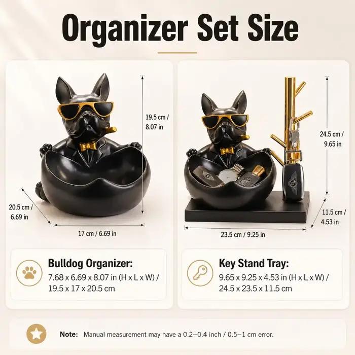 Ensemble organisateur Bulldog avec porte-clés, bol de rangement, figurine de chien en résine, plateau de rangement pour entrée, bureau, petits objets, cadeau
