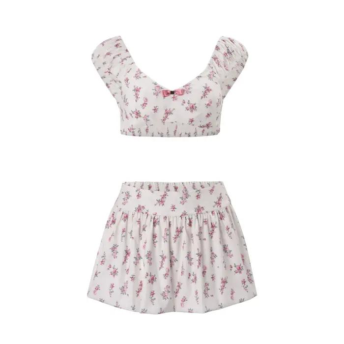 Vêtements européens et américains, nouvelle mode printemps 2026, ensemble haut court floral et jupe trapèze pour femme tendance