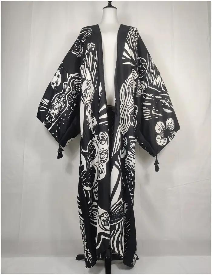 Robe Kimono Vintage à Manches Chauve-Souris pour Femme, Tenue de Plage Décontractée, Imprimé Floral, Style Bohème Africain, Caftan Ouvert sur le Devant