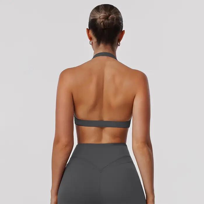 Soutien-gorge de sport pour femme, dos nu, style halter torsadé, col en V, rembourré, couleur unie,