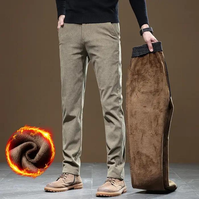 Pantalon velours côtelé homme hiver chaud épais slim fit stretch business gris kaki décontracté