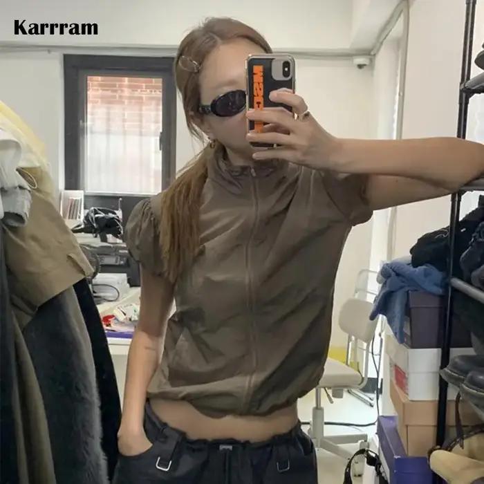 T-shirt Cargo Japonais Y2K Veste Fine à Manches Courtes Protection Solaire Coton Polyester Taille Junior Femme Occasions Spéciales