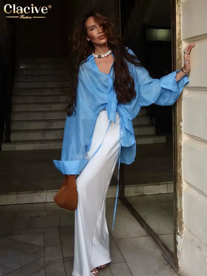 Clacive mode ample bleu femmes Blouse 2025 Sexy revers à manches longues chemise élégant classique solide haut