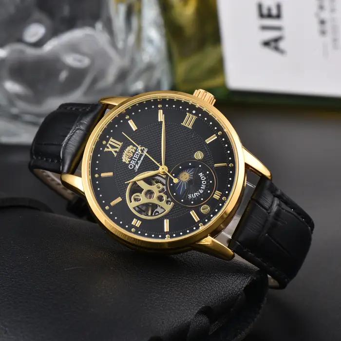 Montre automatique ORIENT homme phase lune squelette cadran or boîtier bracelet cuir noir mécanique