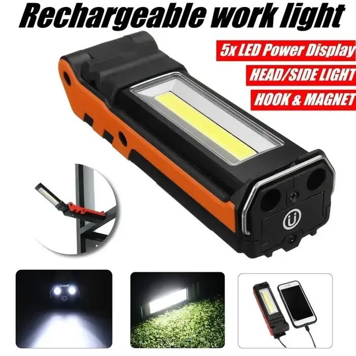 Lampe de travail LED COB à intensité variable, lampe de poche Rechargeable par USB avec batterie ext