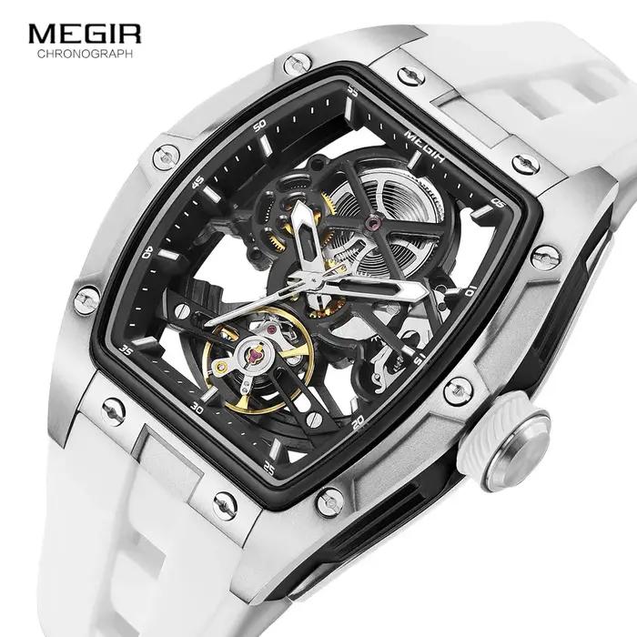 Montre mécanique automatique MEGIR pour homme avec cadran squelette et bracelet silicone étanche sport