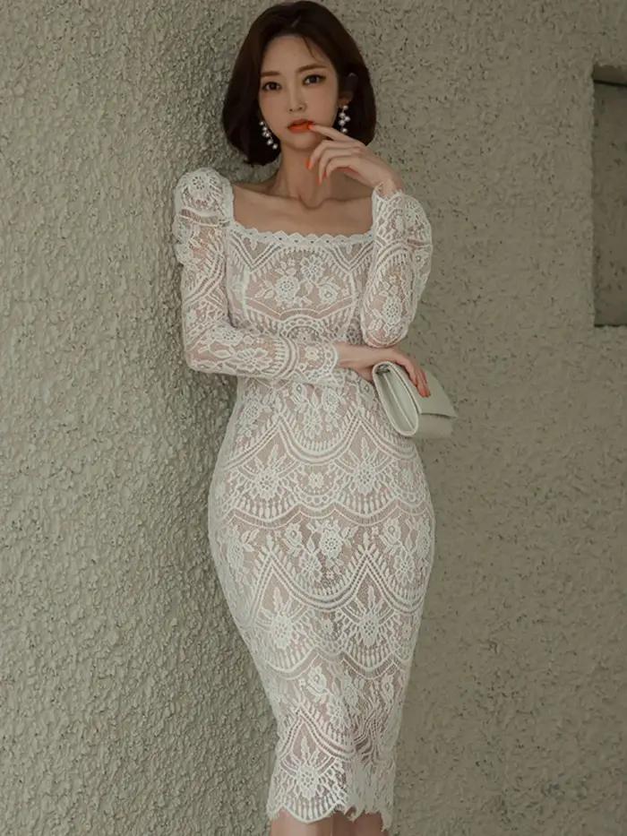 Robe élégante en dentelle à col carré pour femmes, manches longues, gaine taille haute, robes de bur