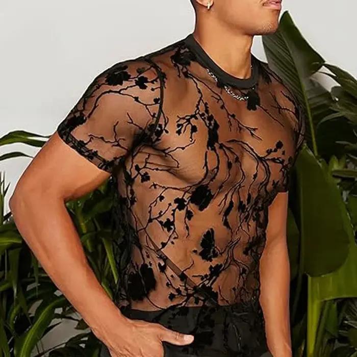 T-shirt homme été en maille et dentelle avec motifs floraux col rond pour soirée chic et élégance