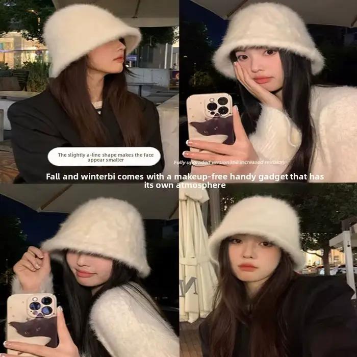 Mode classique Angora lapin fourrure seau chapeau femmes tendance moelleux doux chaud chapeaux femme