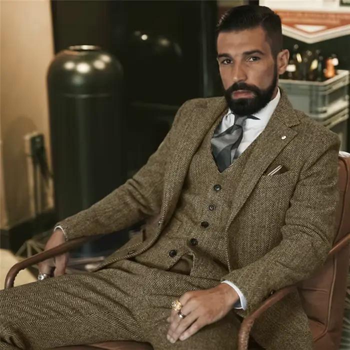 Costume d'hiver en Tweed de laine grise pour hommes, coupe cintrée, smoking formel pour marié, 3 pièces, costumes de mariage (veste + gilet + pantalon)