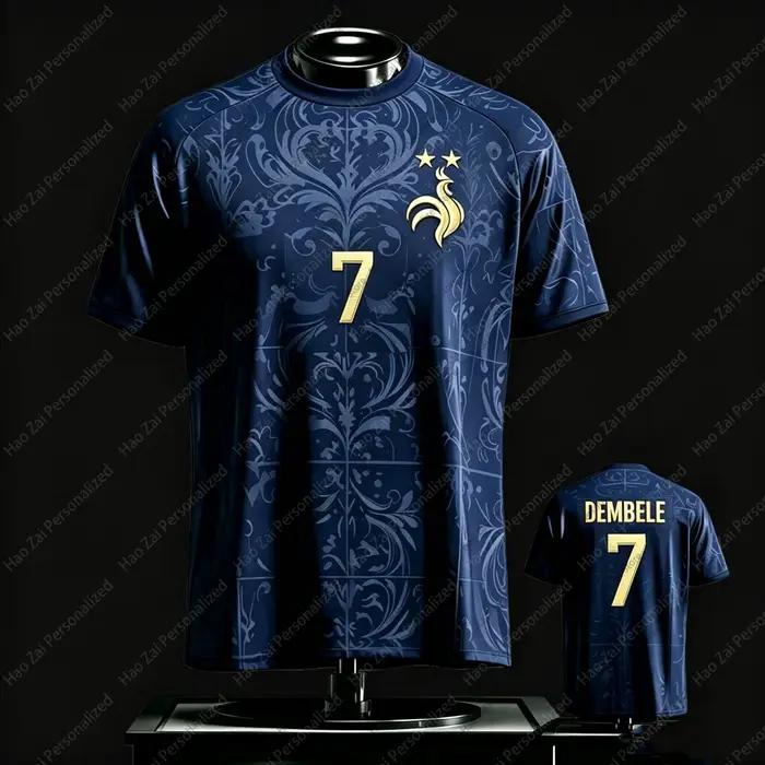 Maillot édition fan de l'équipe nationale de France 2026 pour enfants et adultes avec les numéros de Mbappé et Dembélé en sport et décontraction