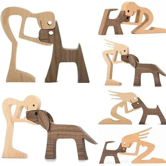 Statue de Sculpture d'homme et de chien en bois