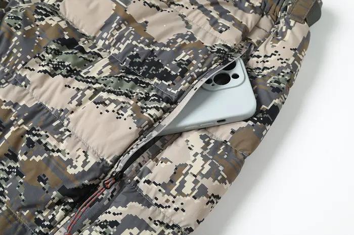 Pantalon long en duvet de canard 90%, camouflage, taille élastique, doublure en nylon et spandex, pour chasse et randonnée hivernale, confort et discrétion garantis