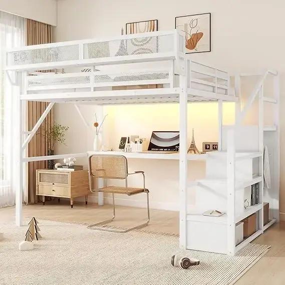 Lit mezzanine en métal robuste taille Queen avec 5 rangements