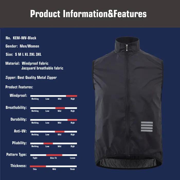 KEMALOCE-Gilet de cyclisme bleu marine pour homme, 2023 fibre, noir, léger, extérieur, coupe-vent, s